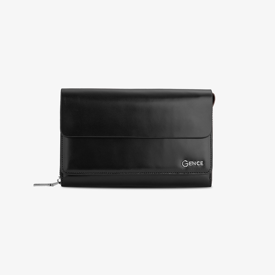 Ví cầm tay nam da bò Box màu đen 1 khóa HT04