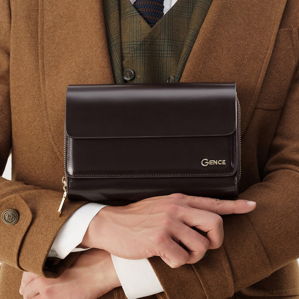 Ví cầm tay nam da bò Box màu nâu 2 khóa HT01