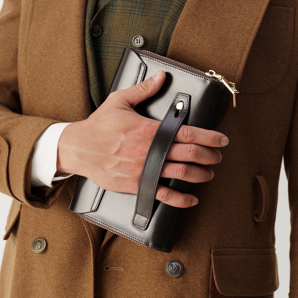 Ví cầm tay nam da bò Box màu nâu 2 khóa HT01