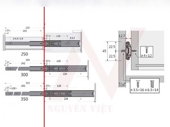 kích thước 250, 300, 350mm của ray trượt Hettich