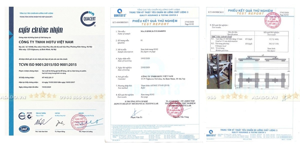 Chứng nhận ISO 9001 và chứng nhận test lực kệ kho hàng