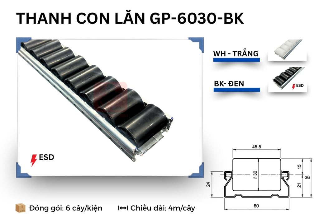 Thanh con lăn 60 ASADO đường kính 30 chống tĩnh điện - Nhập khẩu Hàn Quốc 