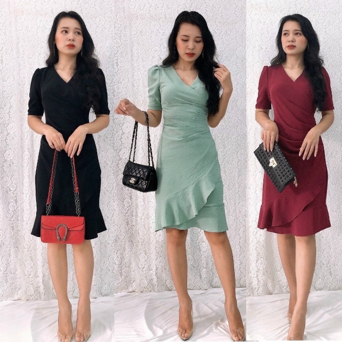 Đầm công sở cổ đan tông dáng A xếp ly eo KK163-38 | Thời trang công sở K&K  Fashion