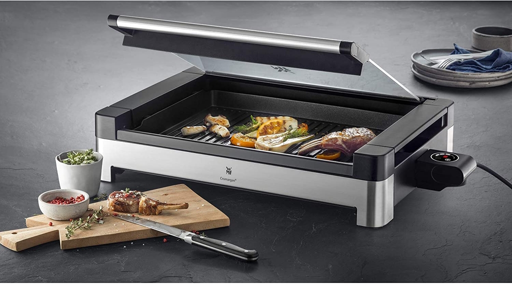 Bếp nướng điện WMF Lono 2200 Watt, với nắp kính, tấm nướng tráng, thép không gỉ