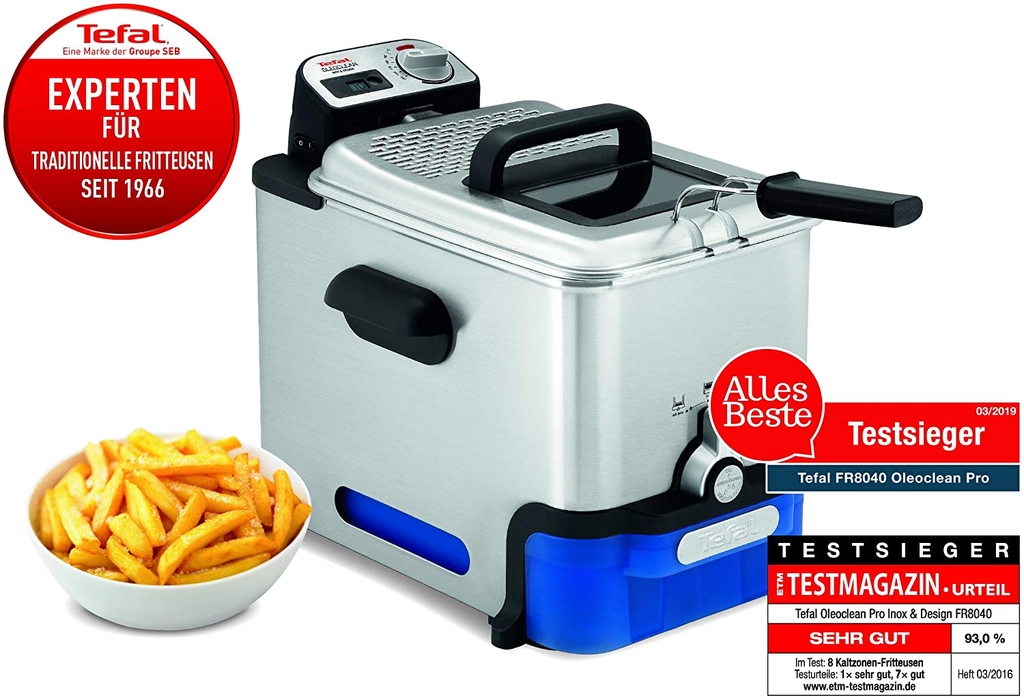 Nồi chiên ngập dầu Tefal FR8040, Công suất 2300W, Dung tích 3,5L. Thép không gỉ, Màu Bạc + Xanh