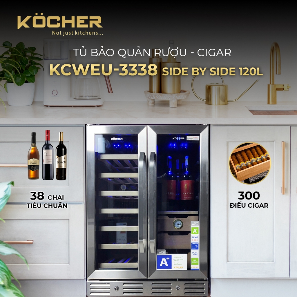 TỦ BẢO QUẢN RƯỢU - CIGAR SIDE BY SIDE KOCHER KCWEU-3338, DUNG TÍCH 120L, MÀU INOX