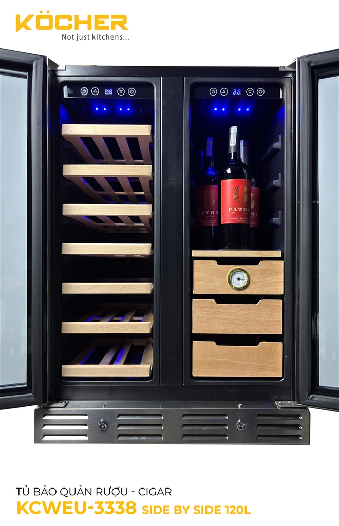 TỦ BẢO QUẢN RƯỢU - CIGAR SIDE BY SIDE KOCHER KCWEU-3338, DUNG TÍCH 120L, MÀU INOX