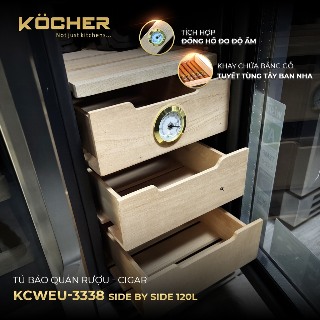 TỦ BẢO QUẢN RƯỢU - CIGAR SIDE BY SIDE KOCHER KCWEU-3338, DUNG TÍCH 120L, MÀU INOX
