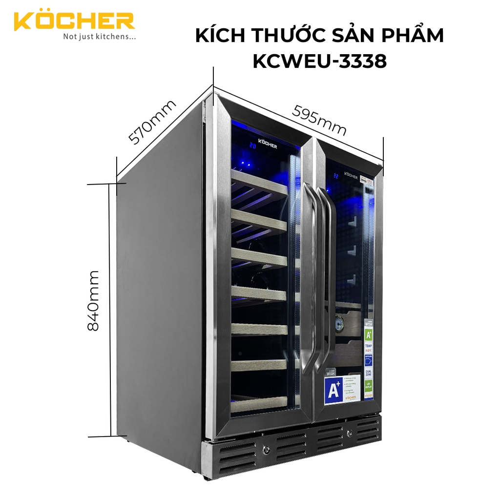 TỦ BẢO QUẢN RƯỢU - CIGAR SIDE BY SIDE KOCHER KCWEU-3338, DUNG TÍCH 120L, MÀU INOX