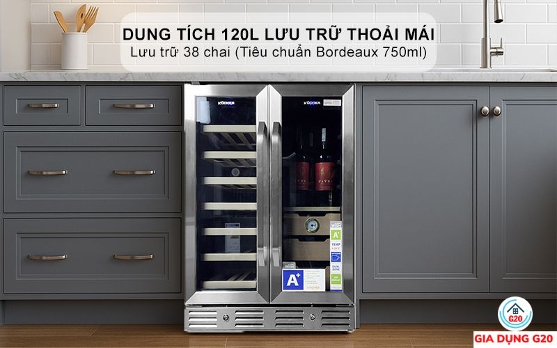 TỦ BẢO QUẢN RƯỢU - CIGAR SIDE BY SIDE KOCHER KCWEU-3338, DUNG TÍCH 120L, MÀU INOX