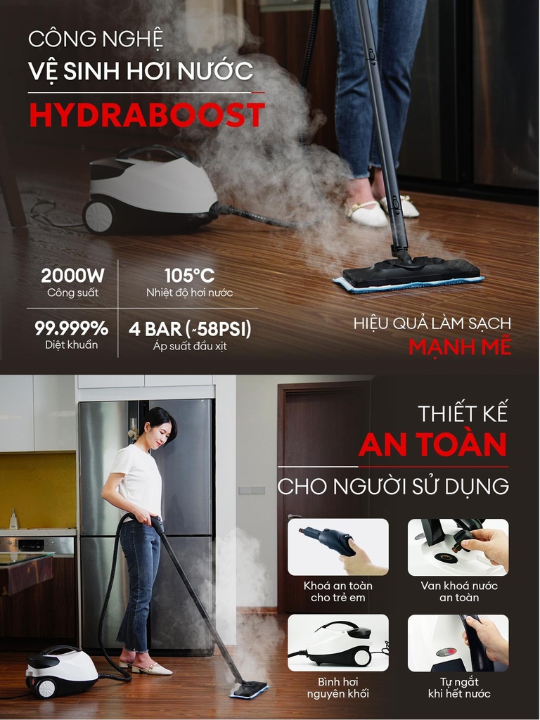 Máy làm sạch hơi nước nóng UNIQ Vortex X5 vệ sinh không hoá chất tẩy rửa đa năng khử trùng diệt khuẩn sàn nhà nội thất oto Steam cleaner