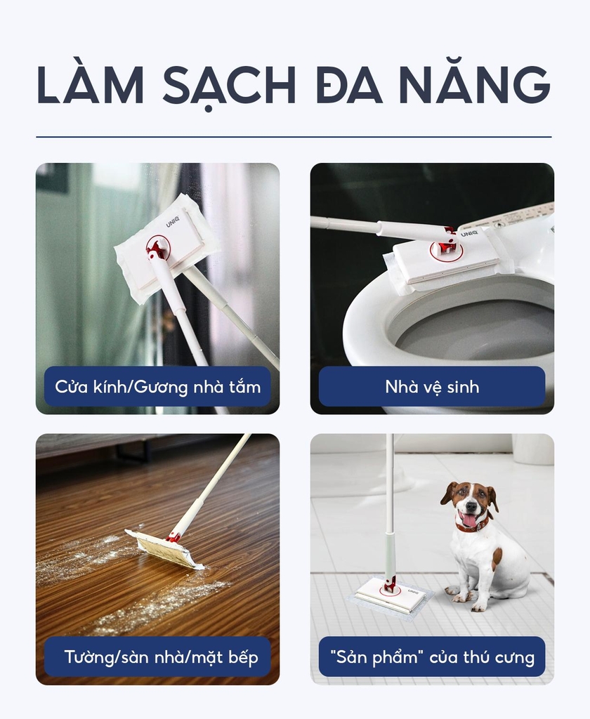 Cây lau nhà kẹp khăn UNIQ LazyMop M1 cay lau sàn lười thông minh xoay 360 độ đa năng lau kính trần nhà toilet bàn bếp