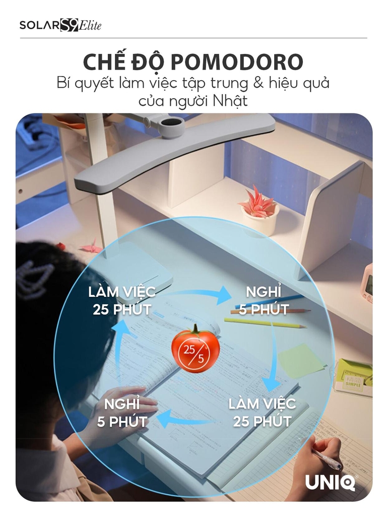 Đèn led để bàn làm việc cao cấp UNIQ Solar S9 Elite đèn học đọc sách chống cận thị cho bé tích hợp đồng hồ podomoro