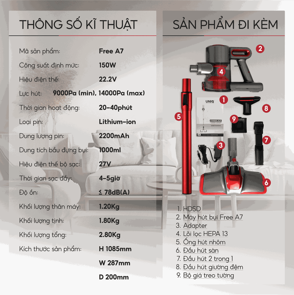 Máy hút bụi cầm tay không dây UNIQ Free A7 chính hãng đa năng hút bụi mini giường nệm ô tô ghế sofa