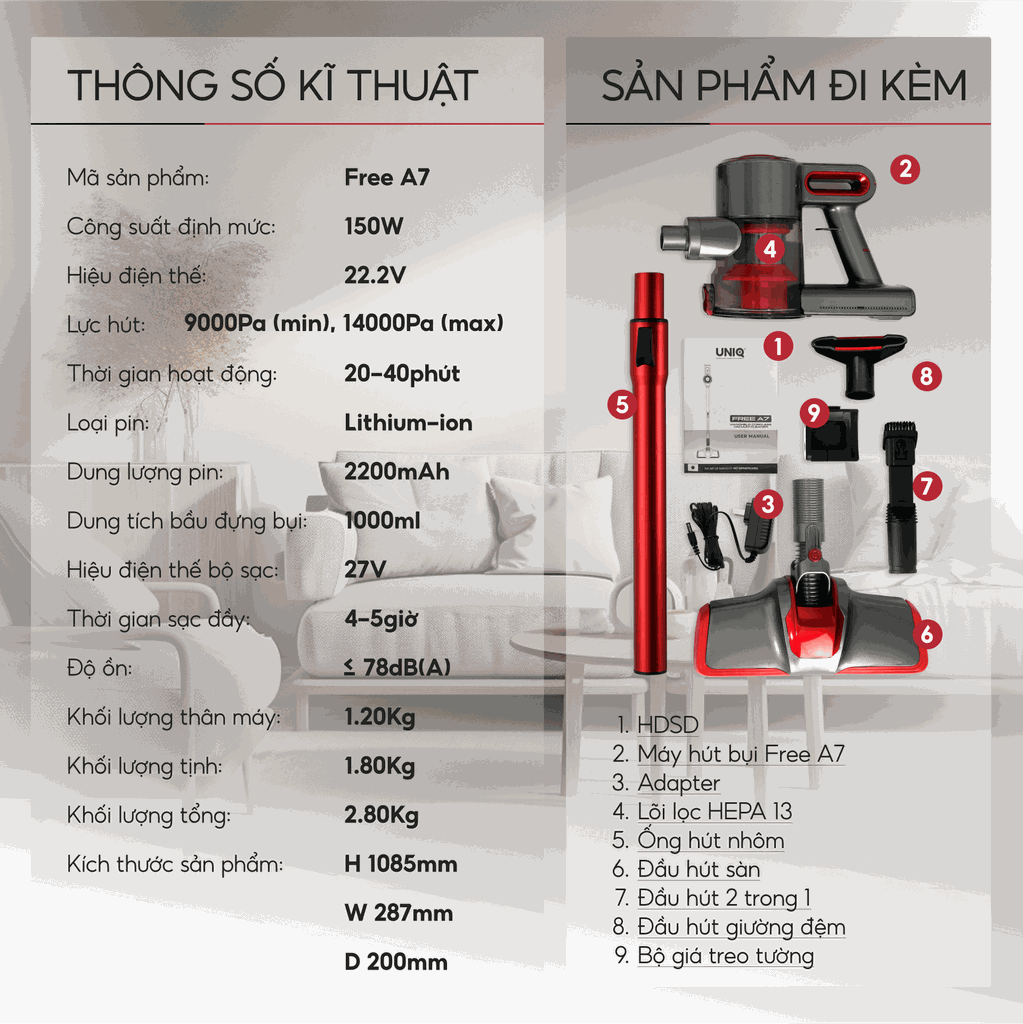 Máy hút bụi cầm tay không dây UNIQ Free A7 phiên bản 2026