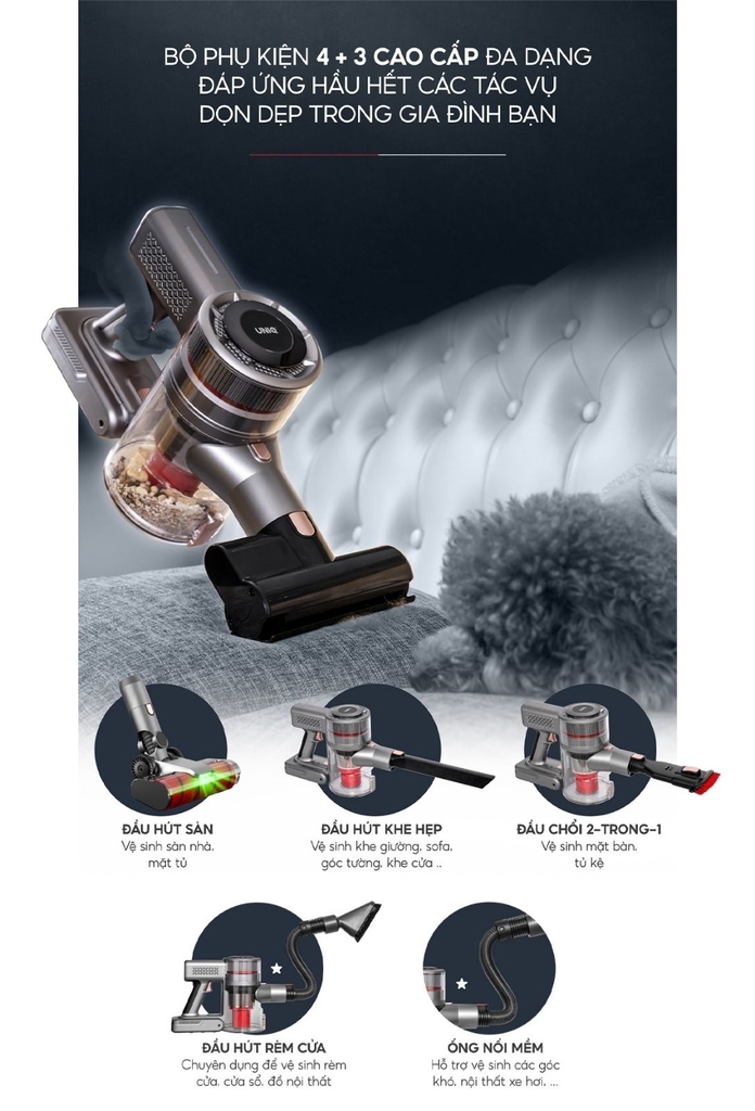 Máy hút bụi cầm tay không dây UNIQ Falcon Q5 cao cấp động cơ BLDC