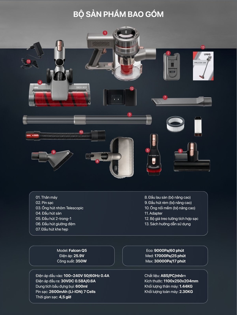 Máy hút bụi cầm tay không dây UNIQ Falcon Q5 cao cấp động cơ BLDC