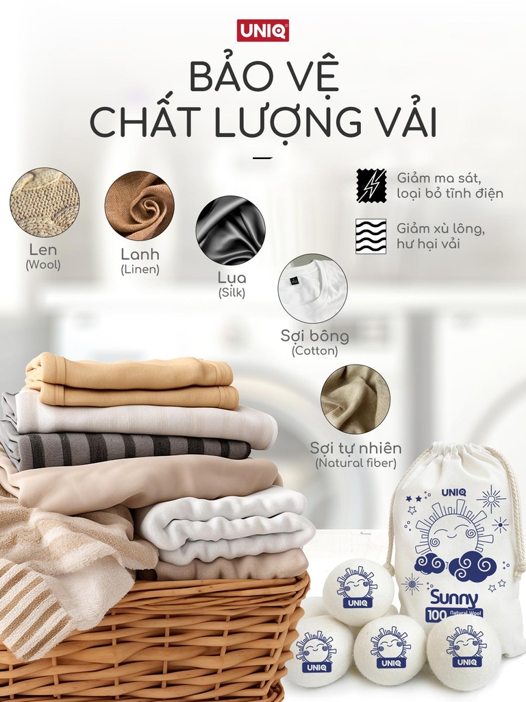 Bóng sấy quần áo len lông cừu UNIQ Sunny banh giúp khô nhanh tiết kiệm điện chống nhăn thơm quần áo cho máy sấy giặt