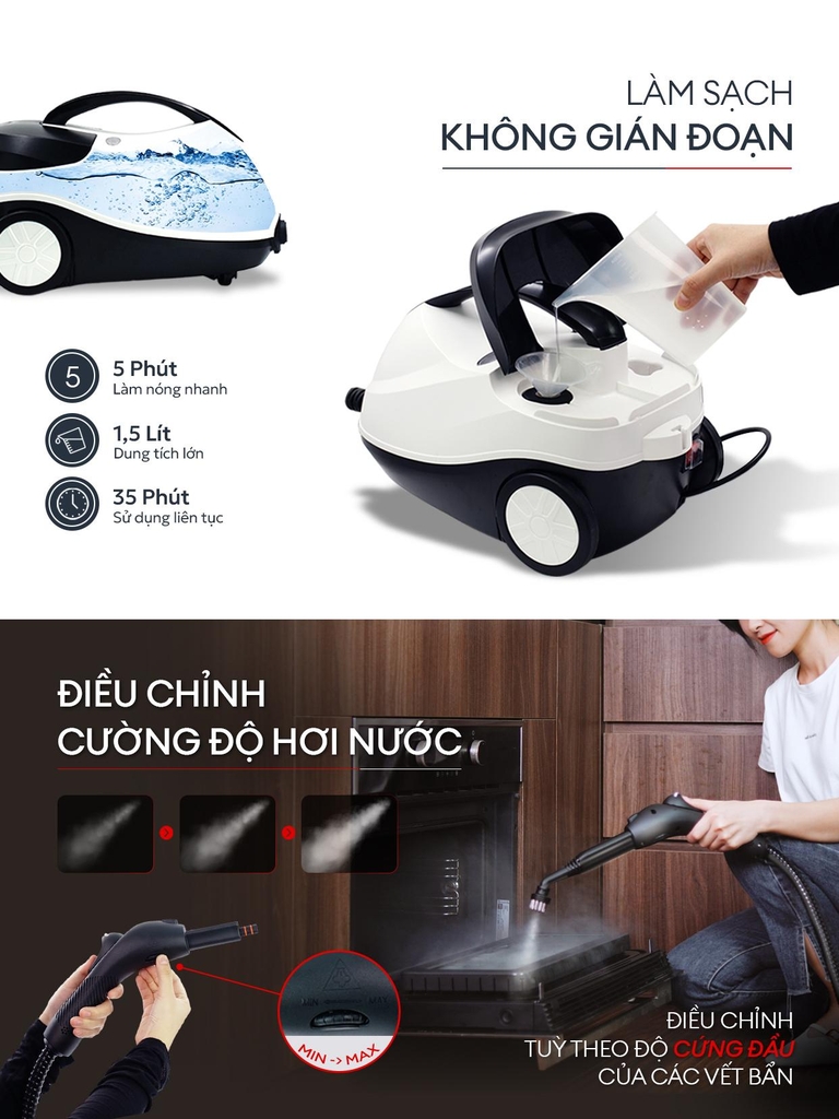 Máy làm sạch hơi nước nóng UNIQ Vortex X5 vệ sinh không hoá chất tẩy rửa đa năng khử trùng diệt khuẩn sàn nhà nội thất oto Steam cleaner