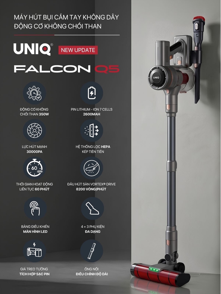 Máy hút bụi cầm tay không dây UNIQ Falcon Q5 cao cấp động cơ BLDC
