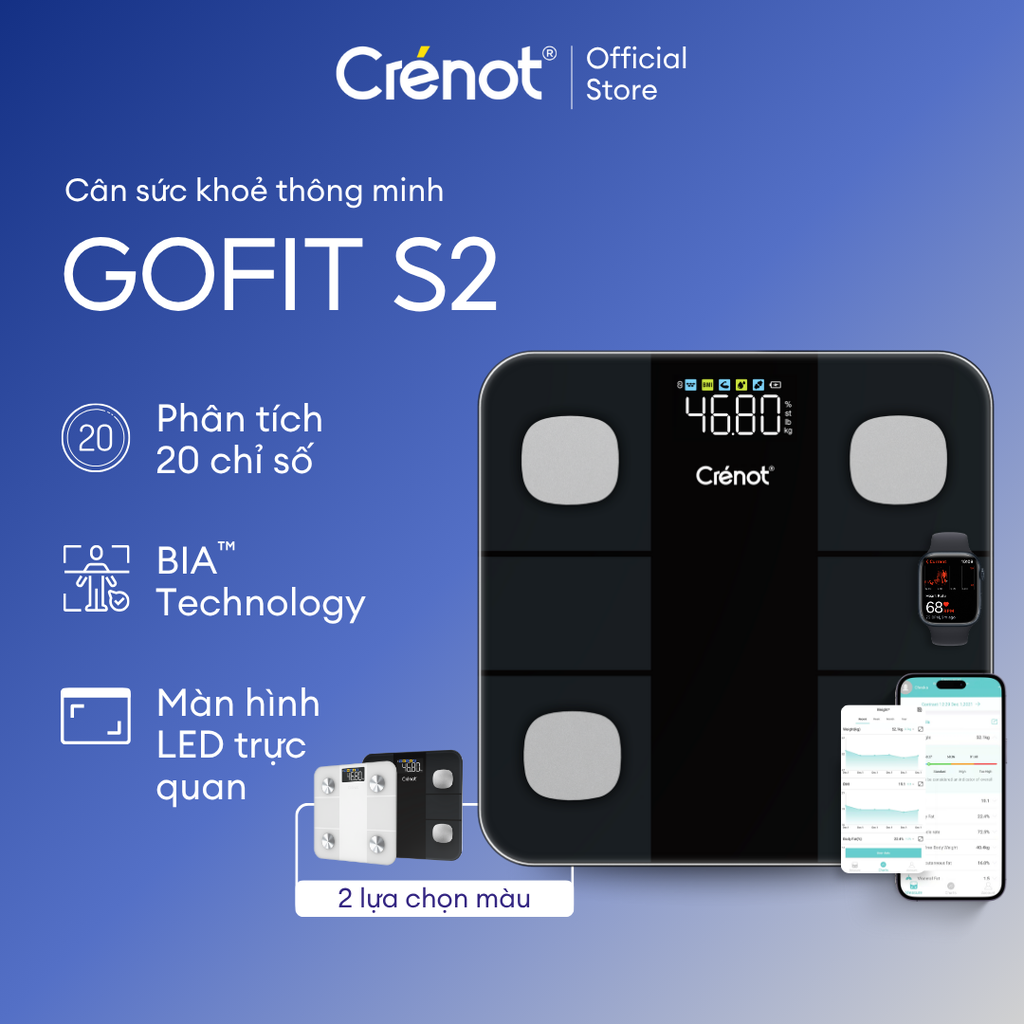 Cân sức khỏe điện tử Crenot Gofit S2 cân phân tích lượng mỡ đo 20 chỉ số cơ thể thông minh cân y tế điện tử mini inbody