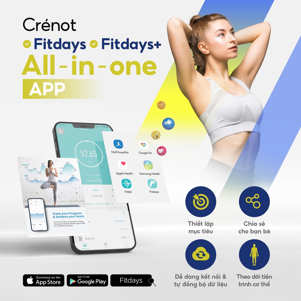 Cân sức khỏe điện tử Crenot Gofit S2 cân phân tích lượng mỡ đo 20 chỉ số cơ thể thông minh cân y tế điện tử mini inbody