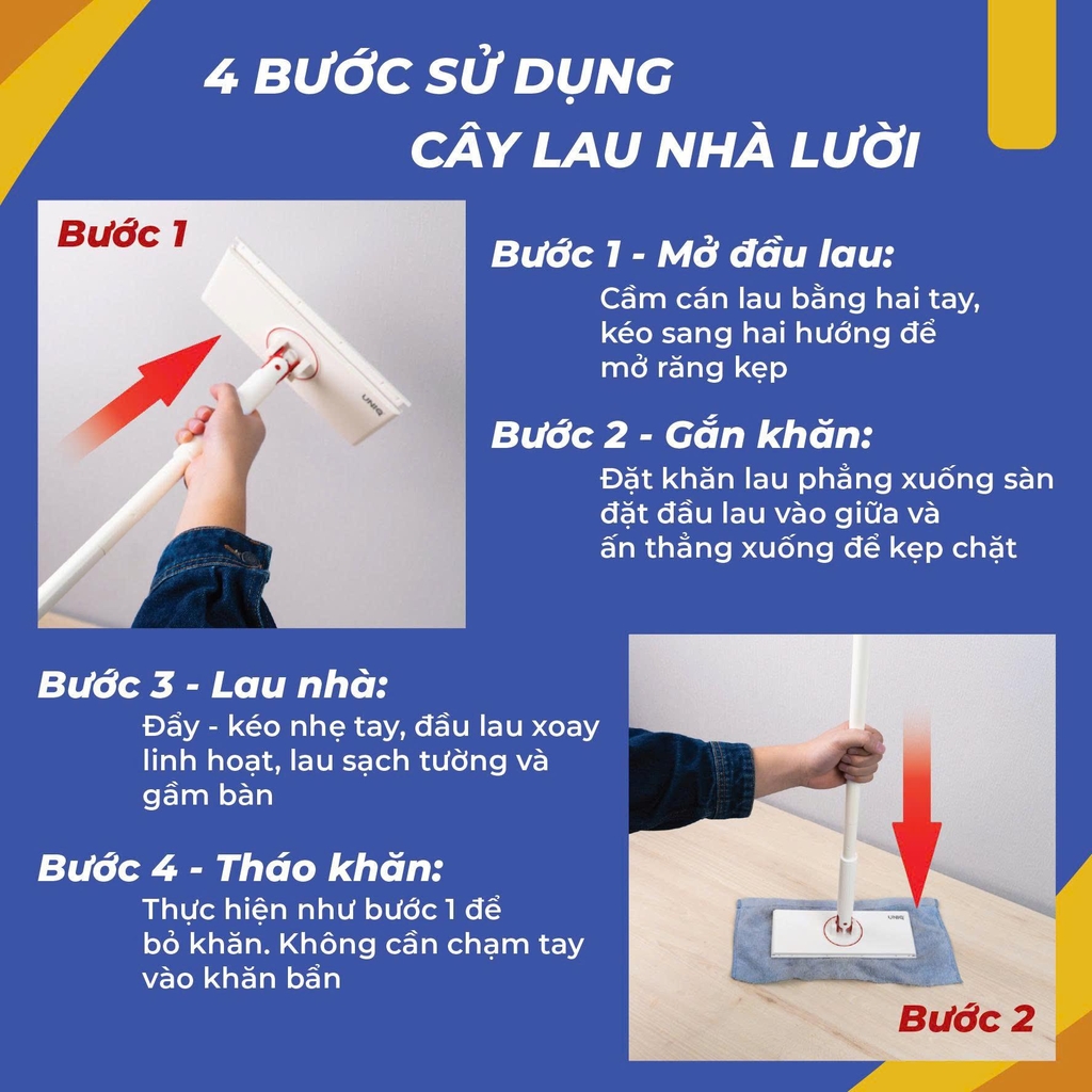 Cây lau nhà kẹp khăn UNIQ LazyMop M1 cay lau sàn lười thông minh xoay 360 độ đa năng lau kính trần nhà toilet bàn bếp