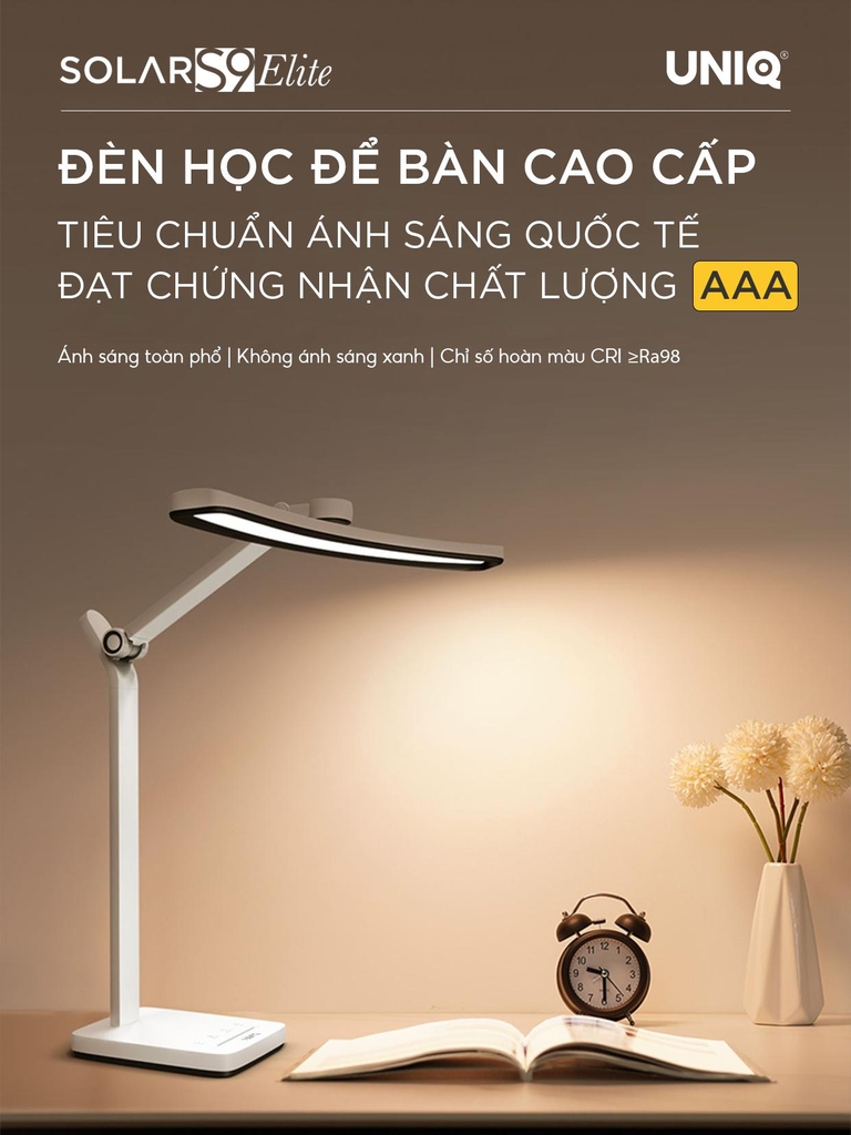 Đèn led để bàn làm việc cao cấp UNIQ Solar S9 Elite đèn học đọc sách chống cận thị cho bé tích hợp đồng hồ podomoro