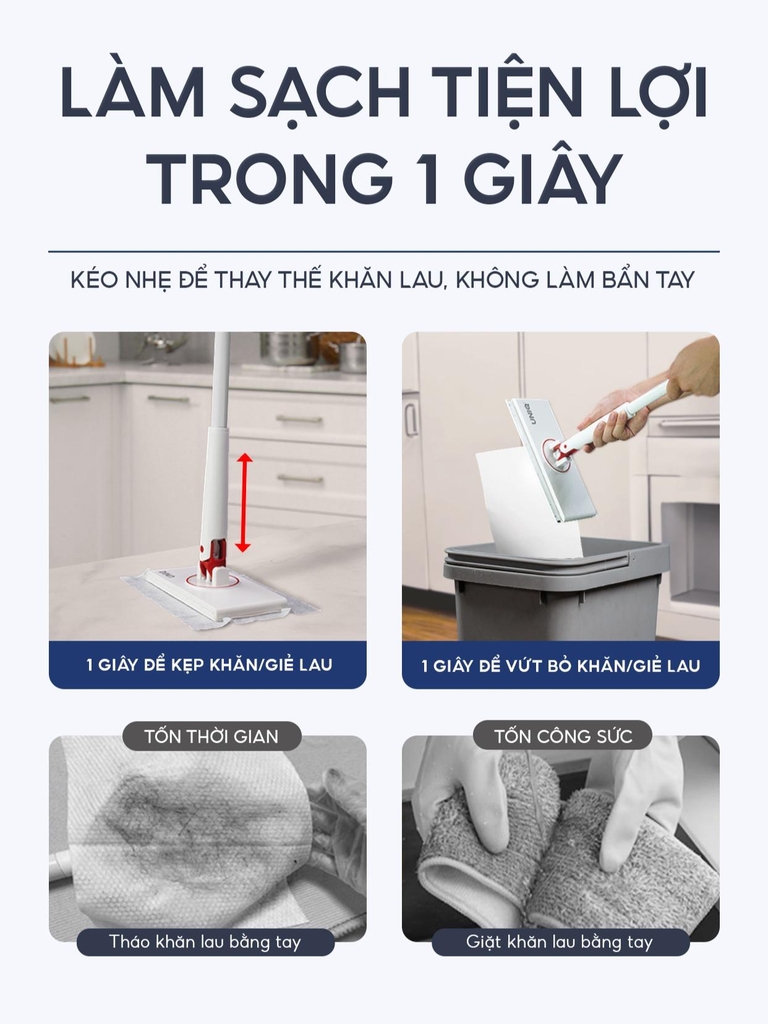 Cây lau nhà kẹp khăn UNIQ LazyMop M1 cay lau sàn lười thông minh xoay 360 độ đa năng lau kính trần nhà toilet bàn bếp