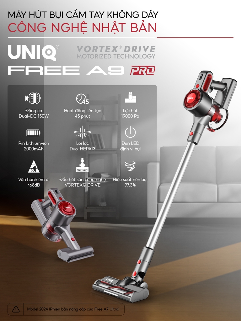 Máy hút bụi cầm tay không dây UNIQ Free A9 Pro máy hút bụi mini gia đình đa năng cây hút bụi xe ô tô ga giường sofa nệm