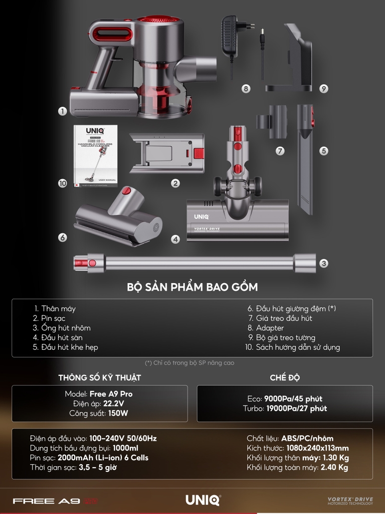 Máy hút bụi cầm tay không dây UNIQ Free A9 Pro máy hút bụi mini gia đình đa năng cây hút bụi xe ô tô ga giường sofa nệm