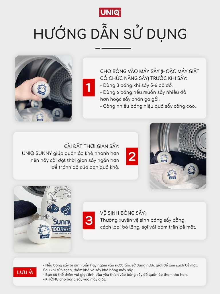 Bóng sấy quần áo len lông cừu UNIQ Sunny banh giúp khô nhanh tiết kiệm điện chống nhăn thơm quần áo cho máy sấy giặt