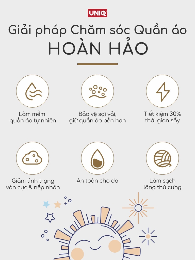 Bóng sấy quần áo len lông cừu UNIQ Sunny banh giúp khô nhanh tiết kiệm điện chống nhăn thơm quần áo cho máy sấy giặt