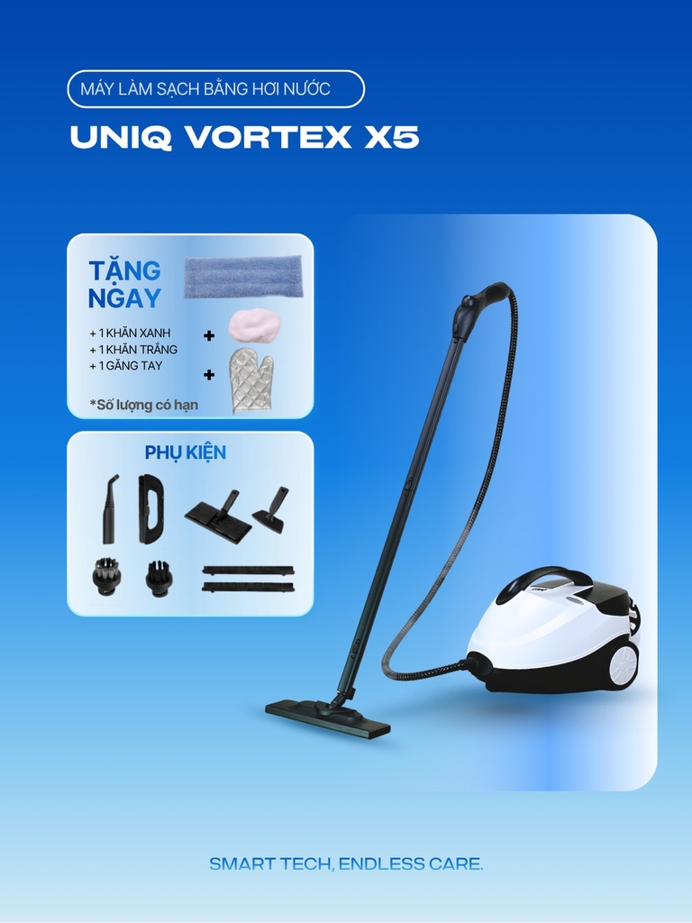 Máy làm sạch hơi nước nóng UNIQ Vortex X5 vệ sinh không hoá chất tẩy rửa đa năng khử trùng diệt khuẩn sàn nhà nội thất oto Steam cleaner
