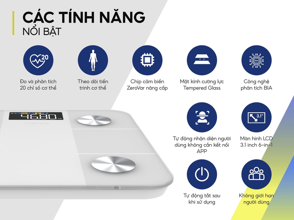 Cân sức khỏe điện tử Crenot Gofit S2 cân phân tích lượng mỡ đo 20 chỉ số cơ thể thông minh cân y tế điện tử mini inbody