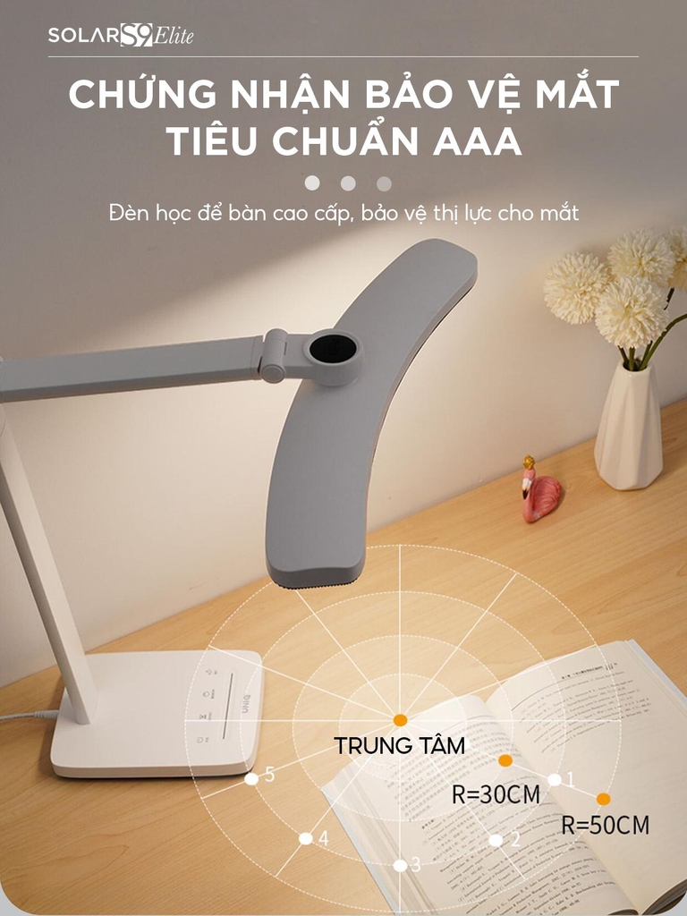 Đèn led để bàn làm việc cao cấp UNIQ Solar S9 Elite đèn học đọc sách chống cận thị cho bé tích hợp đồng hồ podomoro