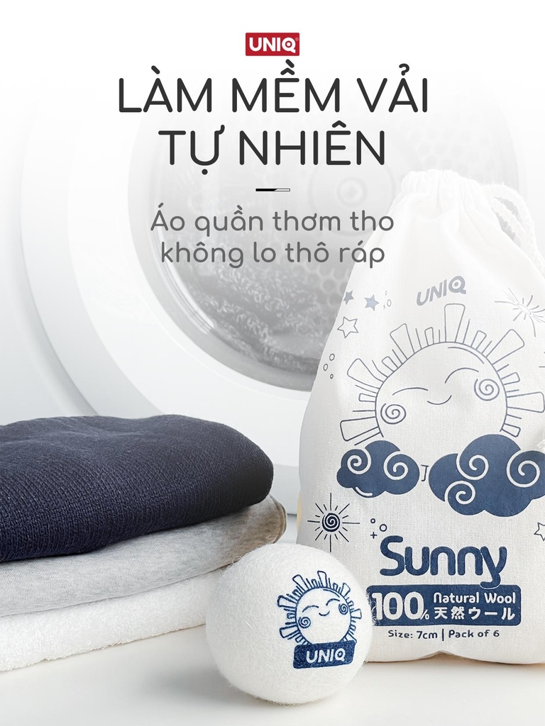 Bóng sấy quần áo len lông cừu UNIQ Sunny banh giúp khô nhanh tiết kiệm điện chống nhăn thơm quần áo cho máy sấy giặt