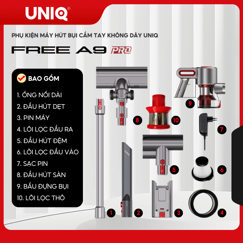 Phụ Kiện Máy Hút Bụi UNIQ Free A9 Pro Cầm Tay Không Dây Chính Hãng
