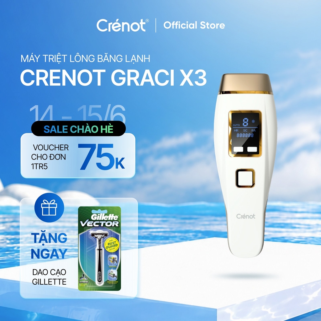 Máy triệt lông mini vĩnh viễn Crenot Graci X3 tẩy lông lạnh bikini vùng kín nữ may triet long cam tay IPL tại nhà