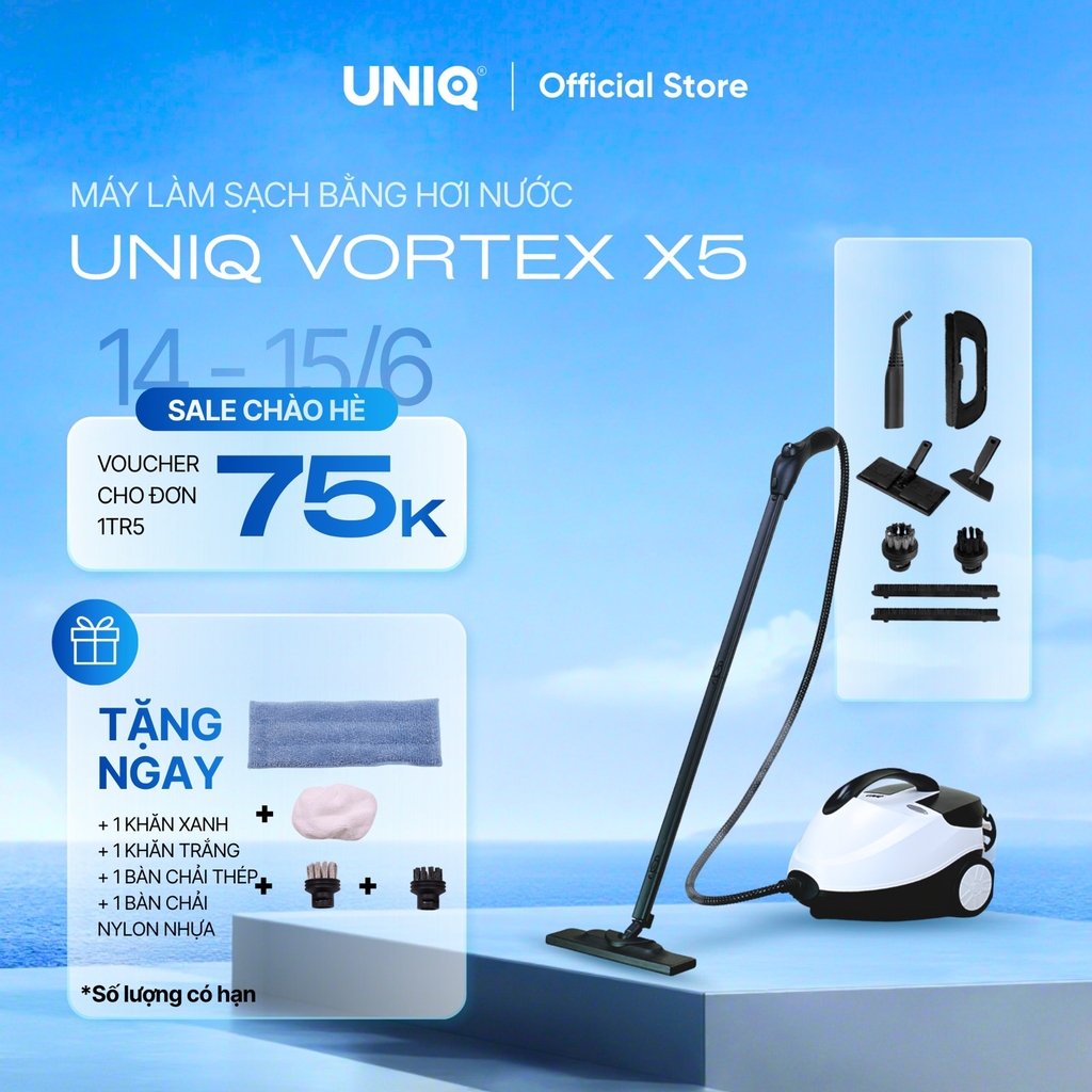 Máy làm sạch hơi nước nóng UNIQ Vortex X5 vệ sinh không hoá chất tẩy rửa đa năng khử trùng diệt khuẩn sàn nhà nội thất oto Steam cleaner