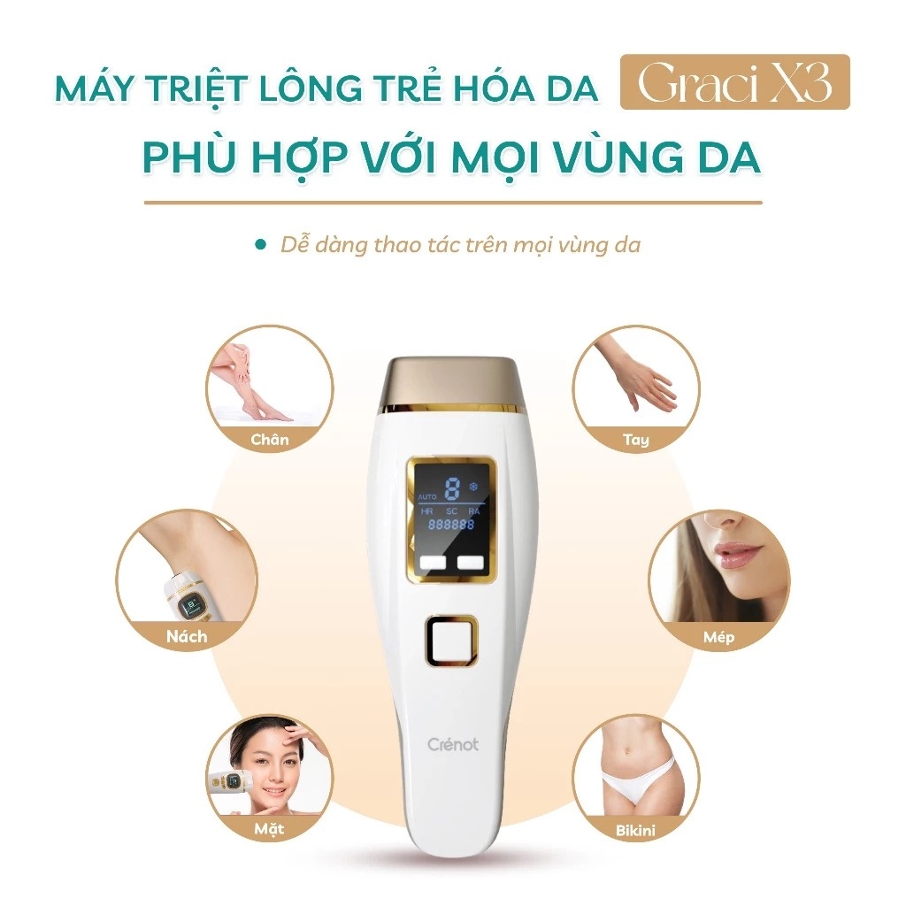 Máy triệt lông mini vĩnh viễn Crenot Graci X3 tẩy lông lạnh bikini vùng kín nữ may triet long cam tay IPL tại nhà