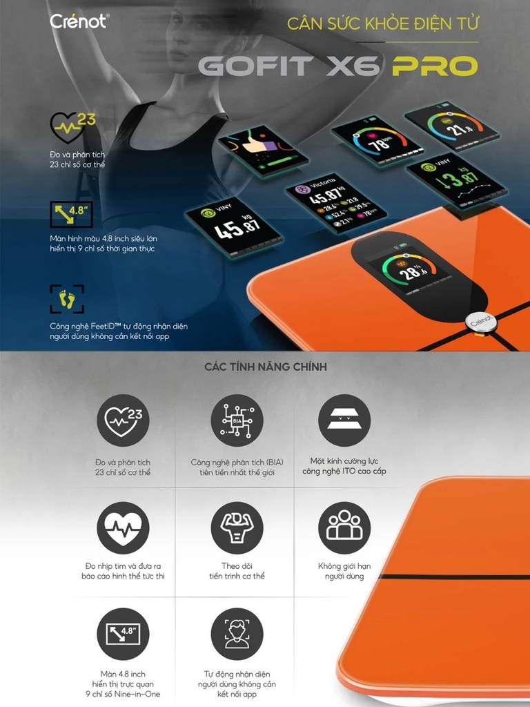 Cân điện tử sức khoẻ thông minh Crenot Gofit X6 Pro cân đo phân tích 23 chỉ số lượng mỡ cơ thể smart body fat scale inbody