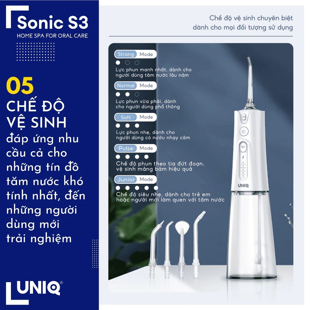 Máy tăm nước UNIQ Sonic S3 vệ sinh răng miệng tam nuoc mini nhỏ gọn cầm tay tăm nước du lịch chống thấm nước