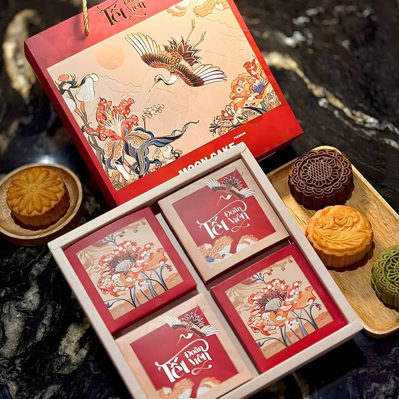 Hoạ tiết chim hạc hộp trung thu 4 bánh Hạc Vũ Vân Hoa