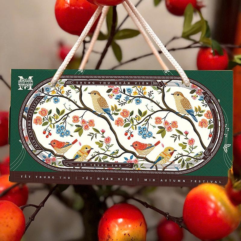 Hình ảnh hoạ tiết hộp trung thu 2 bánh Hằng Nga lá tinh xảo