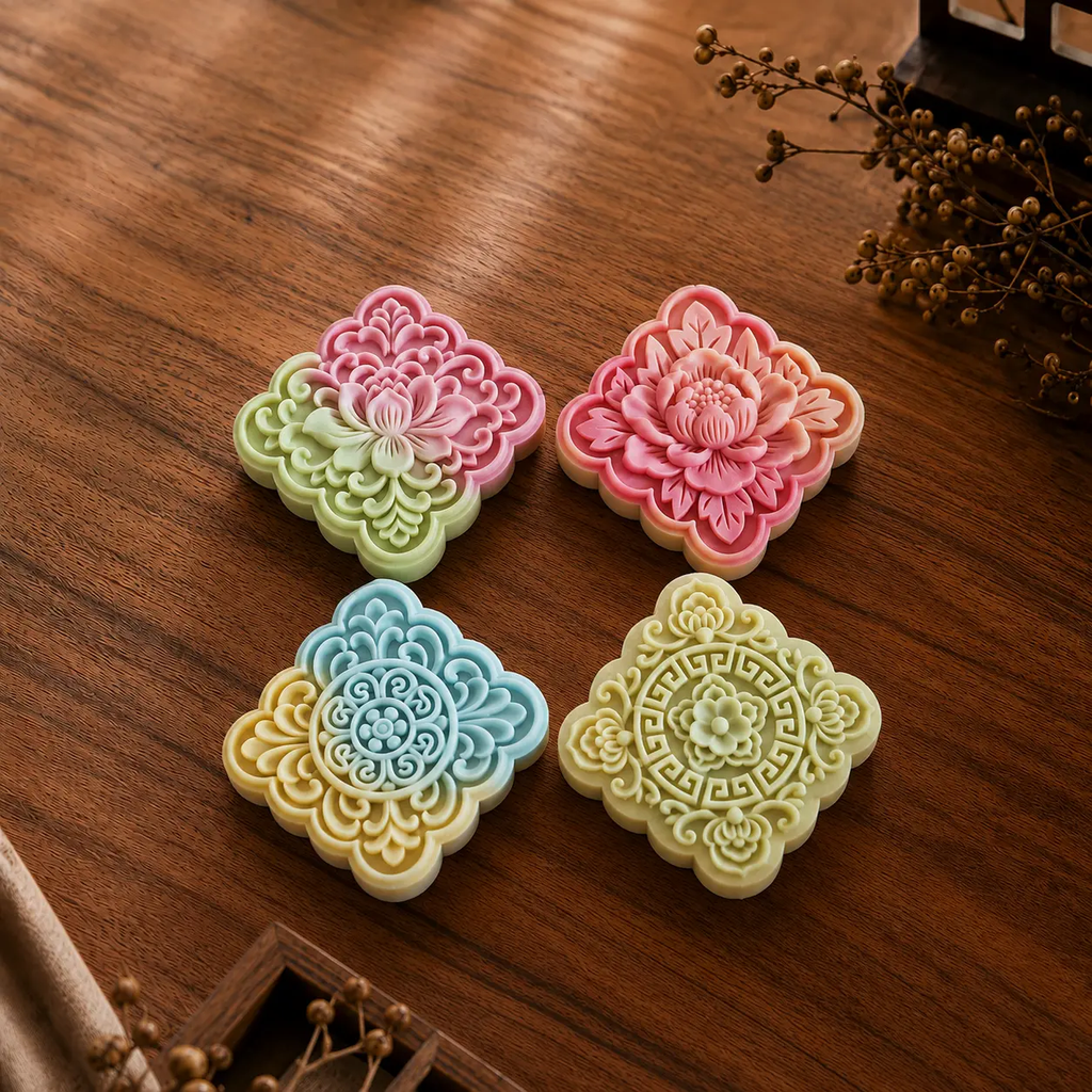 Khuôn trung thu tròn 4M 200gr họa tiết hoa và sách tách trà tạo hình nổi đẹp mắt dành cho tiệm bánh và thợ bánh handmade