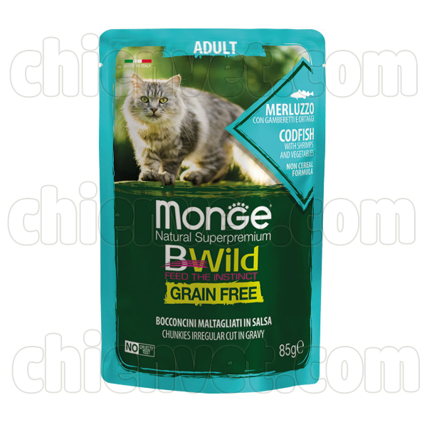 Monge Bwild-Thức ăn mềm cho mèo trưởng thành vị cá thu, tôm và rau 85g