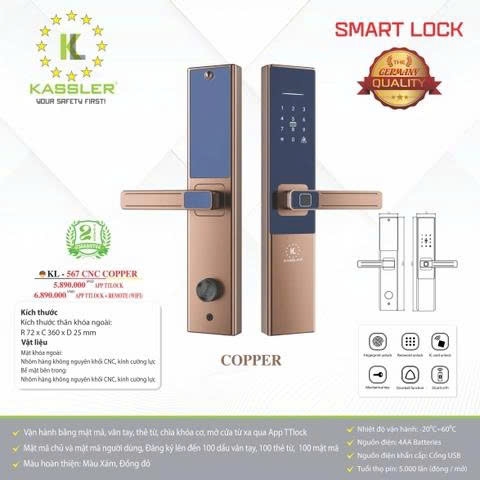 Khóa Vân Tay Kassler KL-567 CNC COPPER APP