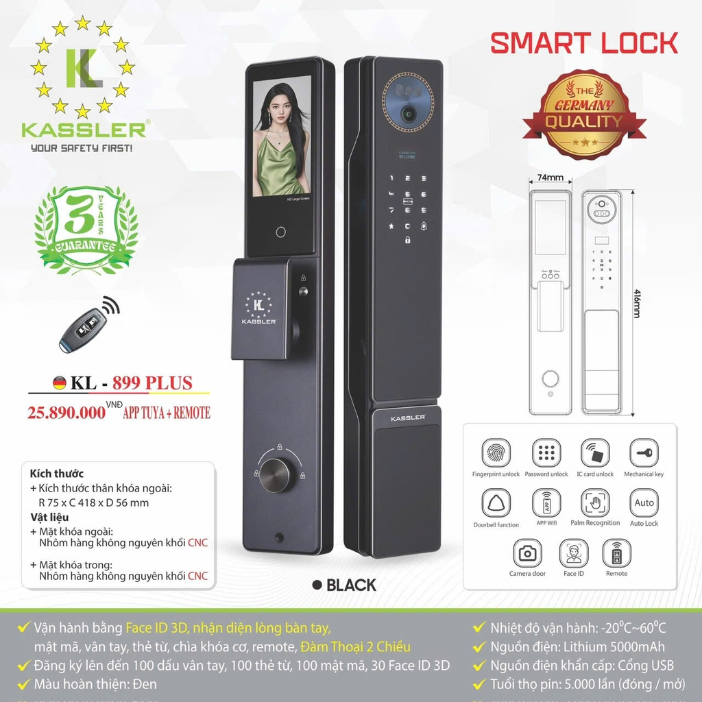 Khóa Vân Tay Kassler KL-899 PLUS CNC BLACK APP