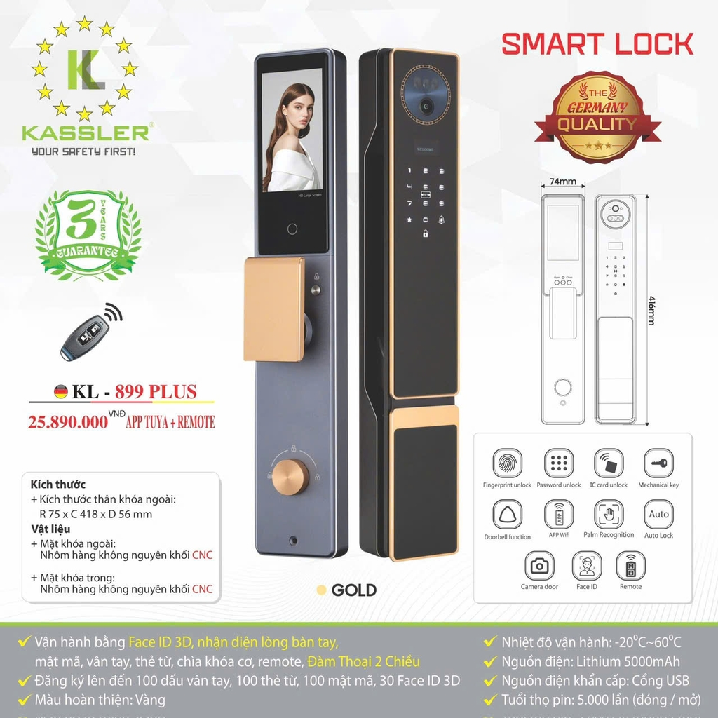 Khóa Vân Tay Kassler KL-899 PLUS CNC GOLD APP